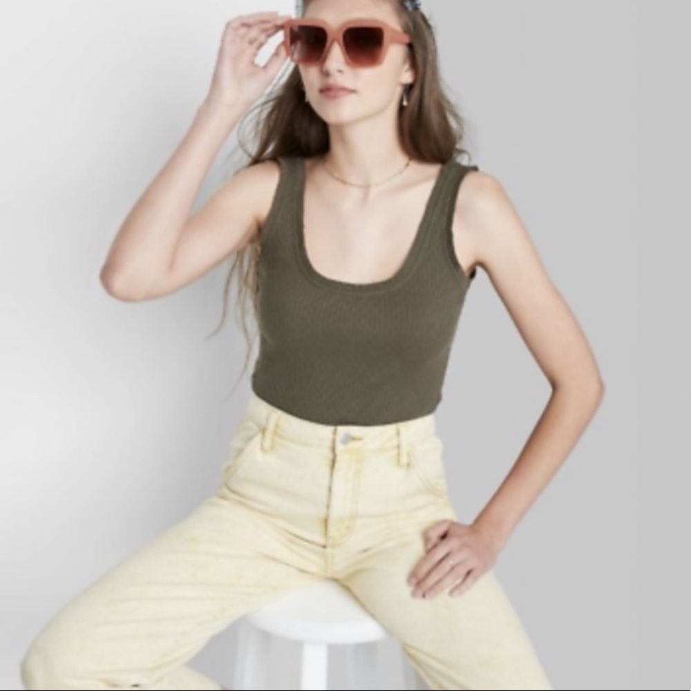 Wild Fable Olive Green Bodysuit ruffle edge tank top size XL
